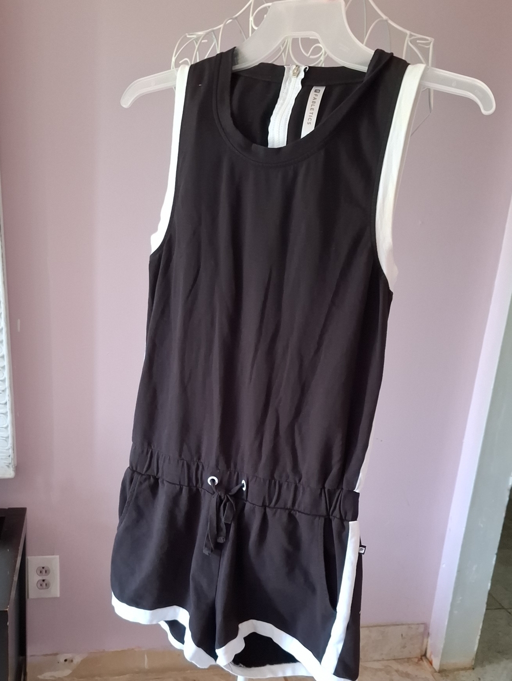 Fabletics Black and White Athletic Romper with Drawstring Waist